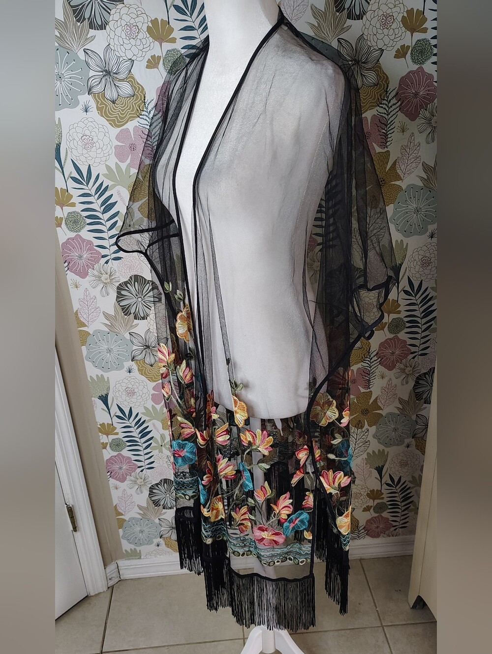 Haute Hippie  Sheer Embroidered Floral Fringe Swim Coverup Open Front Kimono - Picture 4 of 7